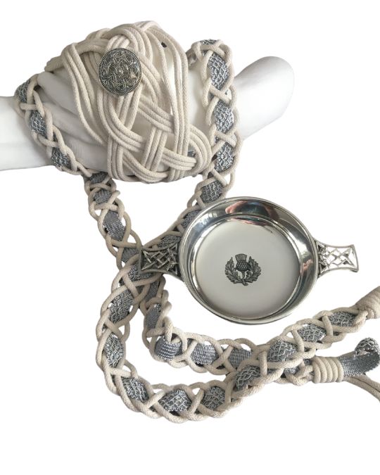 Gray and White Handfasting Cord and Pewter
                  Quaich