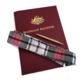 McDuff tartan handfasting band on Marriage
                  Register with Australian Coat of Arms and a gold pen